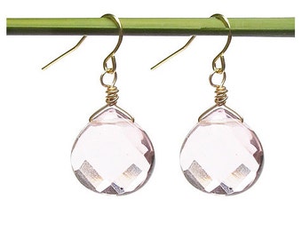 Pink Teardrop Earrings // Pink Quartz Faceted Teardrop Beads, 14k Gold // Pastel Jewelry / Bridesmaid Jewelry / Wedding Earrings / Gift Idea