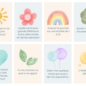 May include: A set of eight watercolor-style cards with illustrations of a sun, flower, rainbow, tree, heart, leaves, balloons, and moon with stars. Each card features a question in French, such as "What made you smile today?"