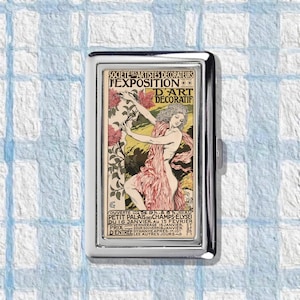 Art Nouveau Cigarette Case Wallet, Vintage Poster Metal Card Holder, Slim Cash Wallet, Pocket Cigarette Box Gift