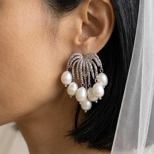 14k Pearl Cluster Statement Earrings, Waterfall Baroque Pearl Drop Earrings, White Gold Plated Bronze Bridal Earrings, Wedding Drop