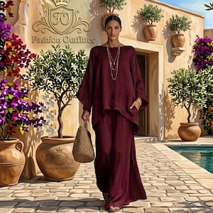 Linen Blend Women's Simple Loose Shirt And Wide-Leg Pants Set