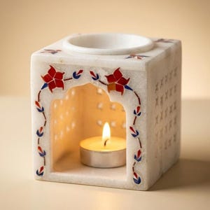 Luxury Marble Oil Burner, Aromatherapy Essential Oil Diffuser, Mother’s Day Gift for Mom, Floral Inlay Tealight Candle Holder, Home Decor
