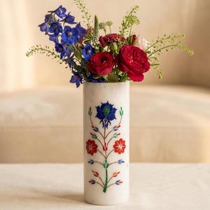 Marble Planter with Floral Inlay – Luxury White Marble Plant Pot, Decorative Indoor Planter, Stone Succulent Pot, Elegant Home Decor Gift