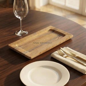 Handmade Beige Teak Sandstone Marble Tray, Rectangular Serving Tray, Vanity Tray, Coffee Table Decor, Luxury Stone Tray