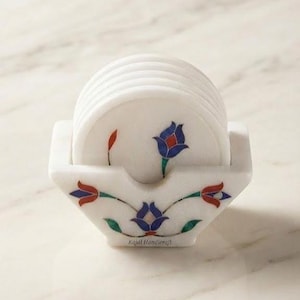 Handmade Marble Drink Coaster Set with Holder, Natural Stone Tea & Coffee Coasters, Luxury Home Decor, Housewarming Gift