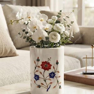White Marble Vase, Handmade Pietra Dura Inlay Vase, Marble Flower Vase, Decorative Planter, Luxury Home Decor, Indian Marble Handicraft