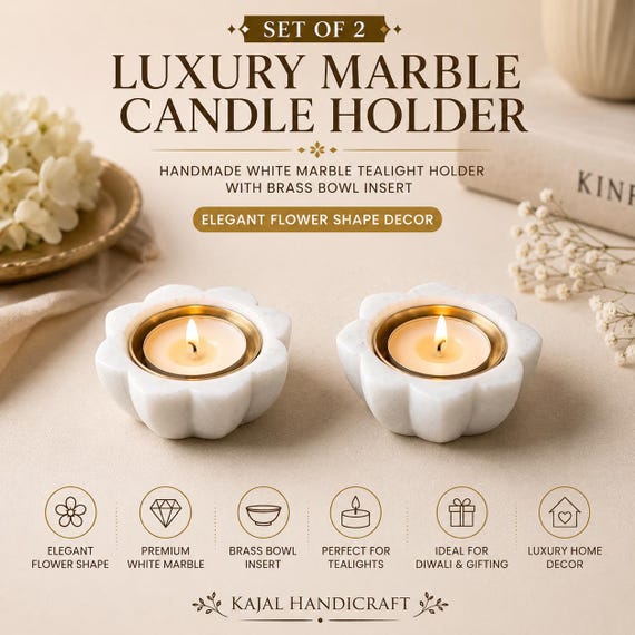 Luxury Marble Candle Holder Set of 2, Handmade White Marble