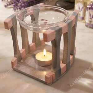 Queimador de óleo essencial artesanal em pedra-sabão, difusor de aromaterapia, queimador de cera derretida, aquecedor de velas tealight com tigela de vidro