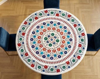 Tablero de mesa de mármol hecho a mano con incrustaciones florales de Pietra Dura, ideal para mesas de centro y comedor. Regalo perfecto para el Día de la Madre. Decoración de lujo para el hogar.