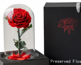 Decoración floral inspirada en El Principito, con cúpula de cristal y rosas rojas preservadas.