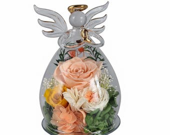 Decoración floral con cúpula de cristal de ángel con rosas preservadas e iluminación LED.