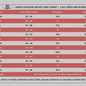 Peut inclure: Tableau des tailles de vestes en cuir avec mesures en pouces. Il comprend les tailles de XXS &agrave; 8XL, d&eacute;taillant les mesures de la poitrine, des &eacute;paules et des manches. Le texte indique : &laquo; TABLEAU DES TAILLES DE VESTES EN CUIR POUR HOMMES - (TOUTES LES TAILLES SONT EN POUCES) &raquo;.