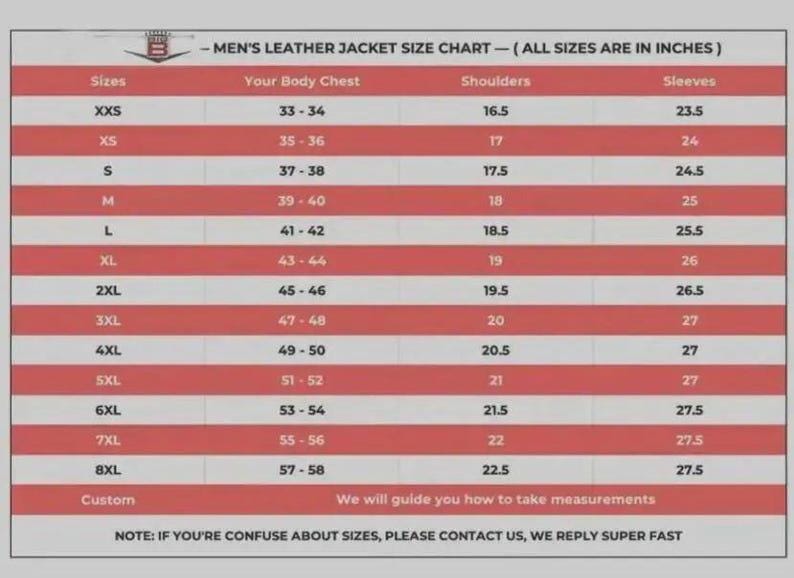 Peut inclure: Tableau des tailles de vestes en cuir avec mesures en pouces. Il comprend les tailles de XXS &agrave; 8XL, d&eacute;taillant les mesures de la poitrine, des &eacute;paules et des manches. Le texte indique : &laquo; TABLEAU DES TAILLES DE VESTES EN CUIR POUR HOMMES - (TOUTES LES TAILLES SONT EN POUCES) &raquo;.