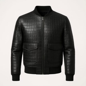 Chaqueta de piel negra con relieve de cocodrilo para hombre / Chaqueta bomber texturizada de lujo / Abrigo con cremallera