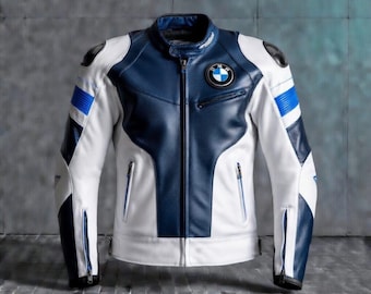 Blouson moto en cuir BMW pour homme - Blouson motard de course bleu blanc | Équipement MotoGp en peau de vache