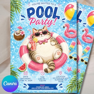 May include: A pool party invitation card featuring a tabby cat wearing pink sunglasses and a bow tie, floating in a pink and white striped inner tube. The card includes text: YOU'RE INVITED TO A POOL PARTY, date, time, location, and RSVP details.