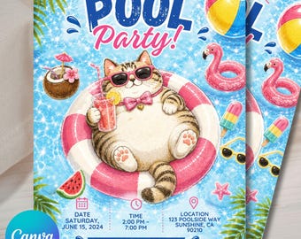 Modèle d'invitation pour une fête piscine sur le thème des chats mignons, invitation d'anniversaire d'été modifiable, modèle Canva pour fête piscine d'enfants, téléchargement instantané