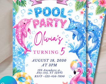 Einladungsvorlage für eine Poolparty mit Glitzer-Delfinen, rosa-blaue Sommergeburtstagseinladung, bearbeitbare Canva-Vorlage, mädchenhafte Poolparty-Einladung