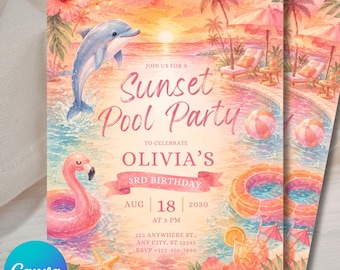 Sunset Pool Party Invitation Template, Dolphin Birthday Invitation, Tropical Summer Birthday Invite, Editable Canva Template