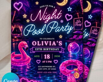 Neon Pool Party Birthday Invitation Template, Editable Canva Invite, Glow Night Pool Party, Pink Neon Birthday Invite, Instant Download