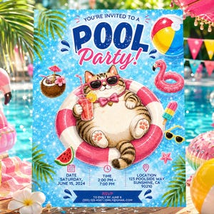 May include: A pool party invitation featuring a cartoon tabby cat wearing sunglasses and a pink bow tie, floating in a pink and white inner tube. The design includes a drink, a beach ball, a flamingo float, and text details for date, time, location, and RSVP.