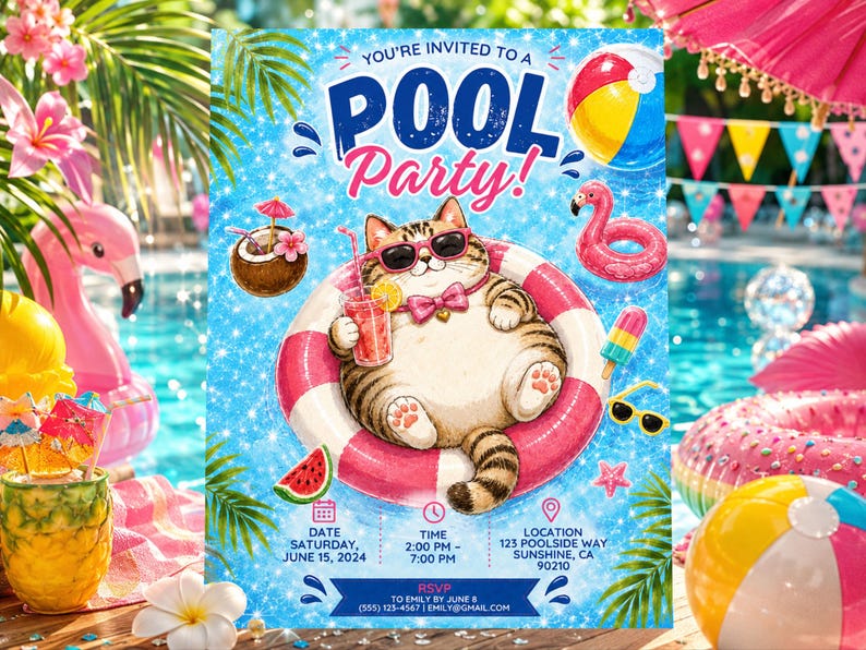 Cute Cat Pool Party Invitation Template Editable Summer Birthday cute-cat-pool-party-invitation-template-editable-summer-birthday