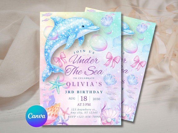Under the Sea Birthday Invitation Girl, Dolphin Ocean Party Invite, Editable Canva Template, Mermaid Pastel Birthday Invite, 5x7 Digital