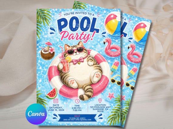Cute Cat Pool Party Invitation Template, Editable Summer Birthday Invite, Kids Pool Party Canva Template, Instant Download