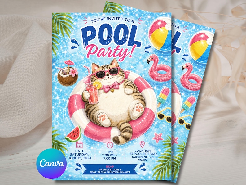 May include: A pool party invitation card featuring a tabby cat wearing pink sunglasses and a bow tie, floating in a pink and white striped inner tube. The card includes text: YOU'RE INVITED TO A POOL PARTY, date, time, location, and RSVP details.