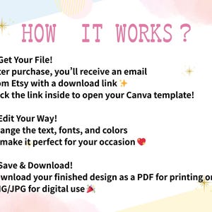 May include: An instructional graphic with the heading HOW IT WORKS? in pink text. It outlines three steps: Get Your File with an email download link, Edit Your Way to change text, fonts, and colors, and Save & Download as a PDF, PNG, or JPG file.
