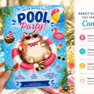 May include: A digital pool party invitation template featuring a cartoon tabby cat in pink sunglasses and a bow tie floating in a pink and white inner tube. The blue background includes a beach ball, flamingo float, drink, and party details.