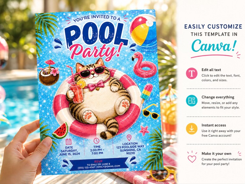 May include: A digital pool party invitation template featuring a cartoon tabby cat in pink sunglasses and a bow tie floating in a pink and white inner tube. The blue background includes a beach ball, flamingo float, drink, and party details.