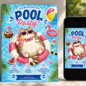May include: A pool party invitation flyer featuring a cartoon cat wearing sunglasses and a pink bow tie, floating in a pink and white striped inner tube. The design includes a drink, a beach ball, a flamingo float, and text details for the event.