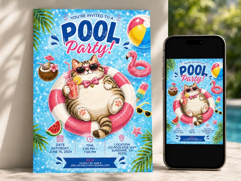 May include: A pool party invitation flyer featuring a cartoon cat wearing sunglasses and a pink bow tie, floating in a pink and white striped inner tube. The design includes a drink, a beach ball, a flamingo float, and text details for the event.