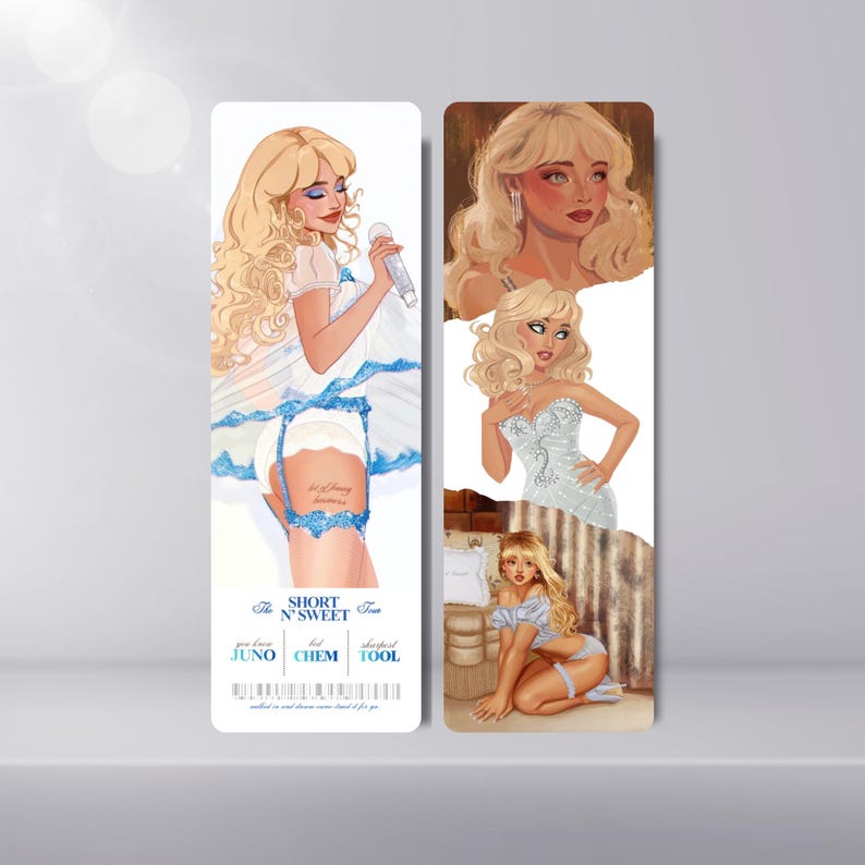 Puede incluir: Dos marcap&aacute;ginas con ilustraciones de una mujer con cabello rubio. Uno muestra a una mujer con un vestido blanco con detalles azules, sosteniendo un micr&oacute;fono. El otro tiene tres im&aacute;genes de la misma mujer con diferentes atuendos. El texto en el primer marcap&aacute;ginas dice "SHORT N' SWEET".