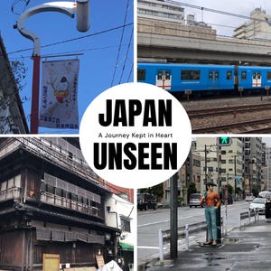 以下が含まれることがあります： 日本の写真コラージュ。青い電車、伝統的な木造建築、像のある街並み、日本語のテキストが入ったバナーなど。中央のテキストは「JAPAN UNSEEN」です。