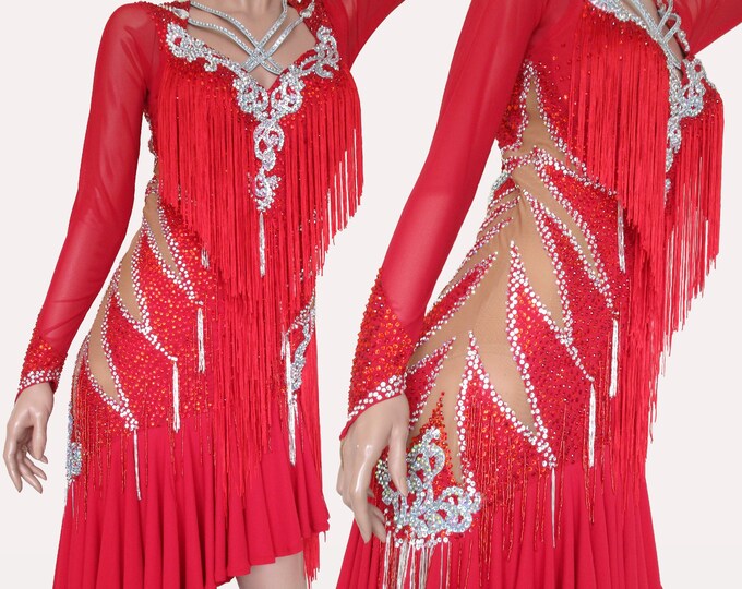 Red Long Sleeve Latin Dance Dress Etsy
