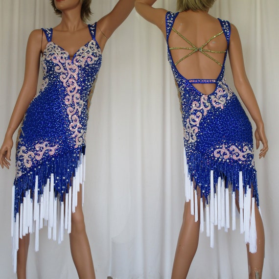 Ocean Blue with White Tassels Fringe Ballroom Latin Dress | Etsy