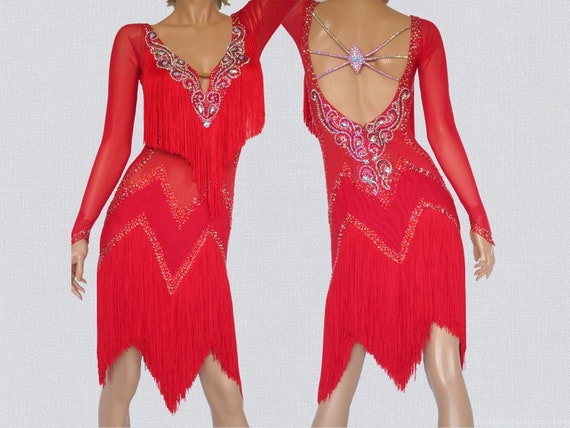 Red Long Sleeve Fringe Latin Dance Dress | Etsy