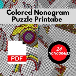 May include: A collection of colored nonogram puzzles featuring various pixel art designs on grid paper. The text Colored Nonogram Puzzle Printabe is displayed at the top. A white PDF icon and a black circular badge with 24 NONOGRAMS are visible.