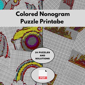 Può includere: Un download digitale con puzzle nonogram a colori. L'immagine mostra illustrazioni pixelate, tra cui un arcobaleno e una fotocamera. Il testo recita "Colored Nonogram Puzzle Printable" e "24 Puzzles and Solutions."