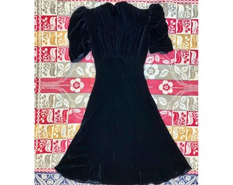 Black Silk velvet 30s 40s dress . Peak shoulders deco antique ww2 era