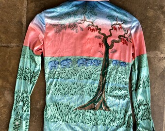 70s novelty print button up shirt. Safari scene . disco shirt . Elephants tree nature sun