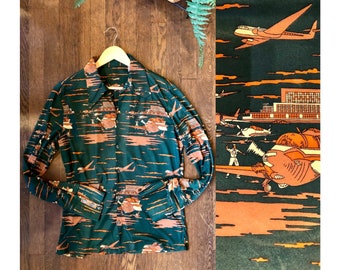 1970s novelty print shirt . Buttonup disco airplanes 70s large