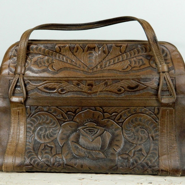 XLarge 70s tooled leather purse . vtg boho handbag w many pockets