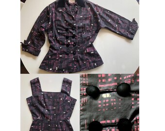 Vintage 1940s dress and peplum jacket set . Midcentury print . Cotton velvet 2 pc