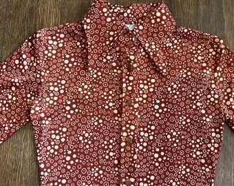 1970's Brown + Bubbles Button Up . Petite Fashion . Playful Femme Blouse . geometric disco party