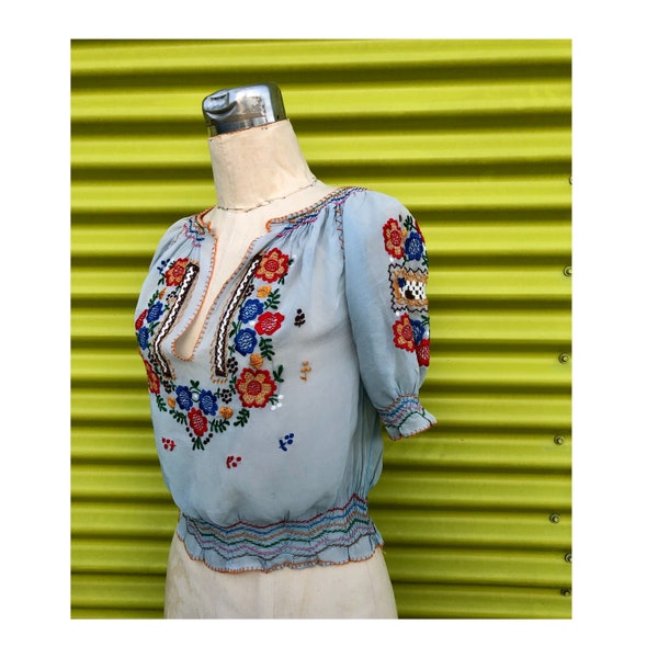 1930s peasant blouse . puff sleeve . Embroidered bohemian deco 30s 40s top rare light blue