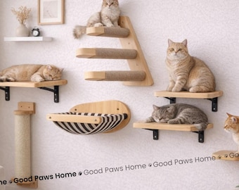 Juego de estantes para trepar por la pared para gatos, muebles de pared de madera para gatos, escalones modernos para gatos de pared, cama hamaca flotante para gatos, soporte de pared para rascador de gatos