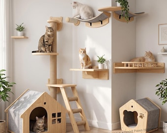 Conjunto de muebles de pared de madera para gatos, estantes modernos para trepar gatos, cama hamaca flotante para gatos, árbol para gatos montado en la pared, parque de juegos minimalista para mascotas en la pared